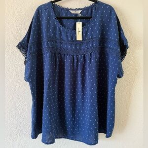 NWT Agnes Orinda Marine Blue Short Sleeve Pullover Blouse Size 4X Crochet Detail